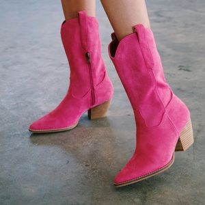 Size 6.5 Mid Calf Faux Suede Cowgirl Boot, Fuschia